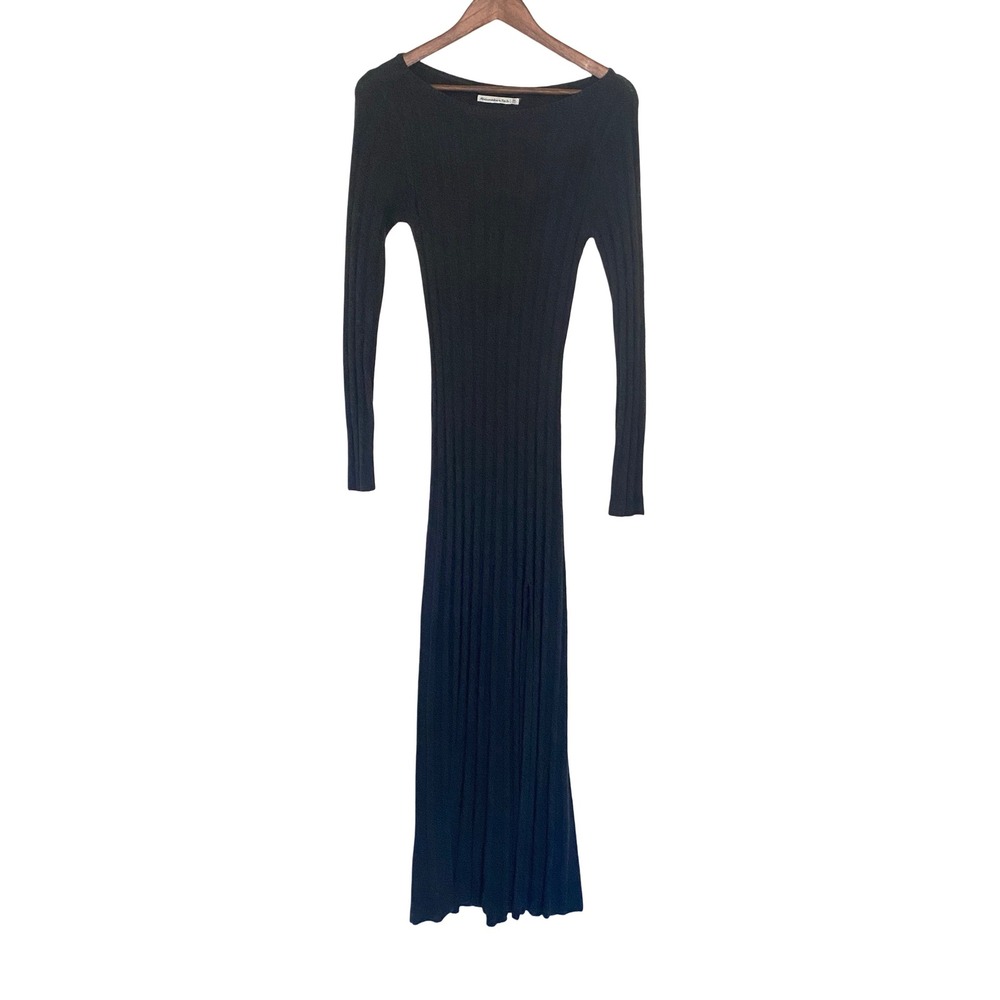Abercrombie & Fitch Ribbed Long Sleeve Maxi Dress XS Black Side Slit Wool Blend